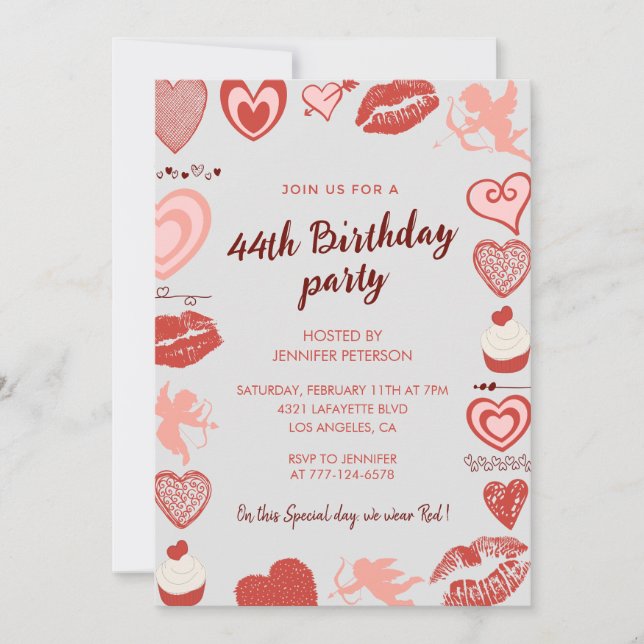 Convites de aniversário de 44 anos Elegantes Coraç (Frente)