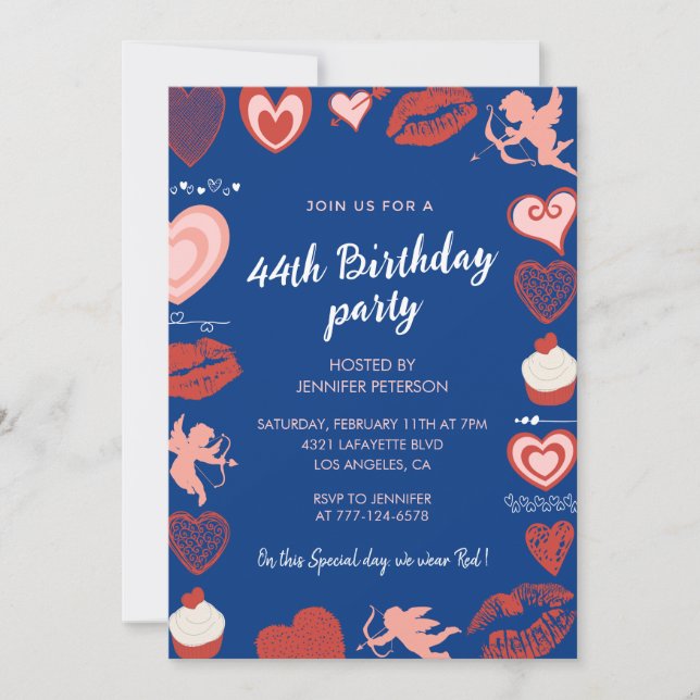 Convites de aniversário de 44 anos Pink Navy Blue  (Frente)