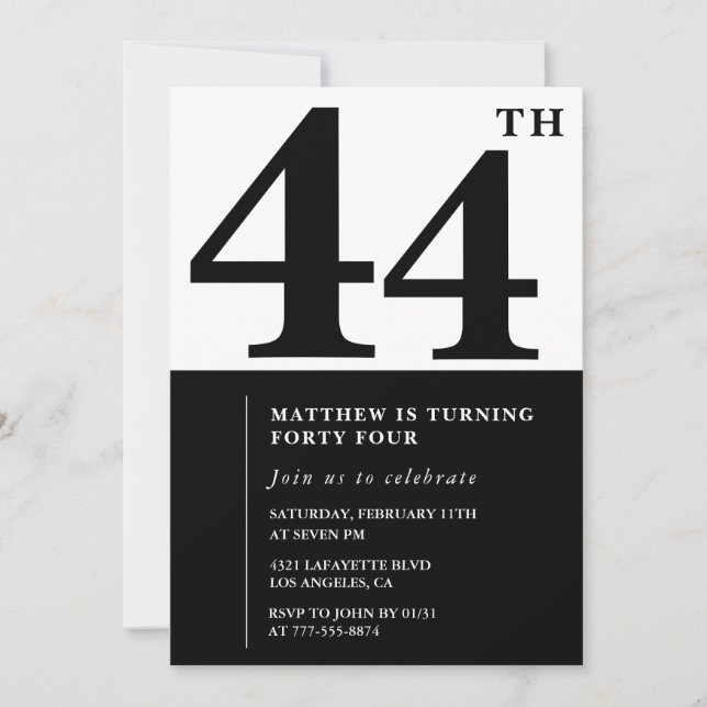convites de aniversário de 44 anos Preto e Branco  (Frente)