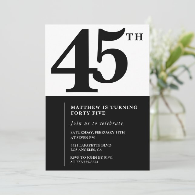 Convites de aniversário de 45 anos Elegantes Simpl (Em pé/Frente)