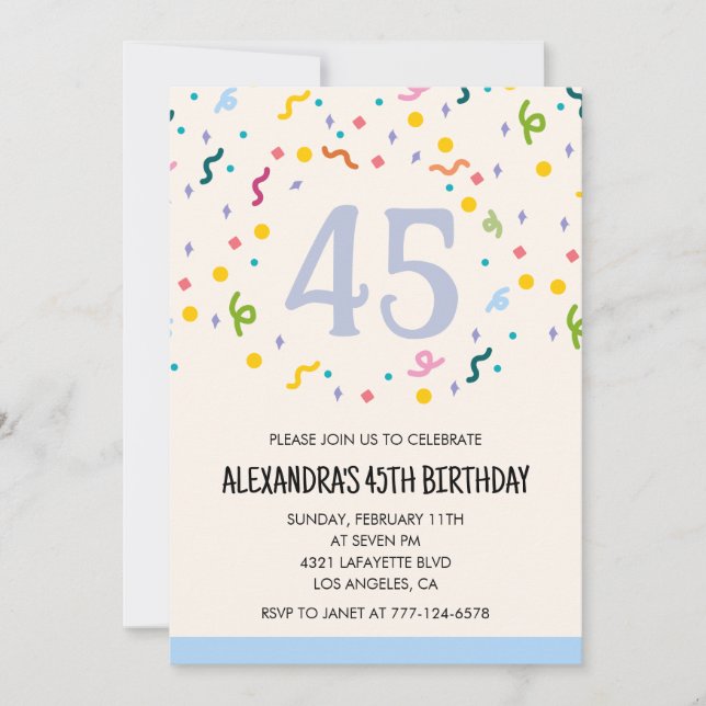 Convites de aniversário de 45 anos modernos Confet (Frente)
