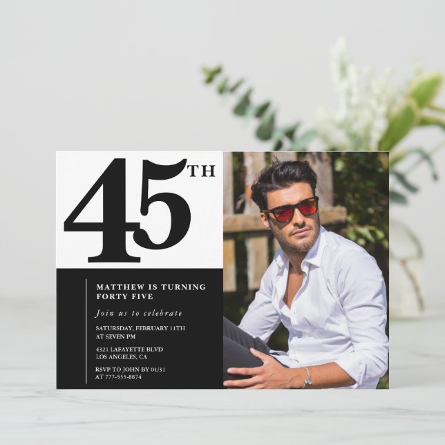 Convites de aniversário de 45 anos preto Elegante  (Em pé/Frente)