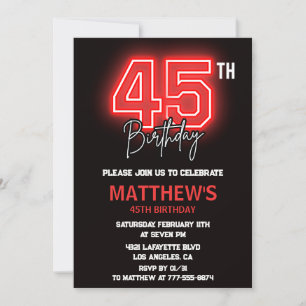 Convites de aniversário de 45 anos preto Neon para