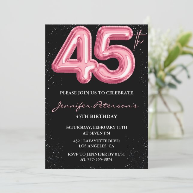Convites de aniversário de 45 anos rosa Balão Glam (Em pé/Frente)