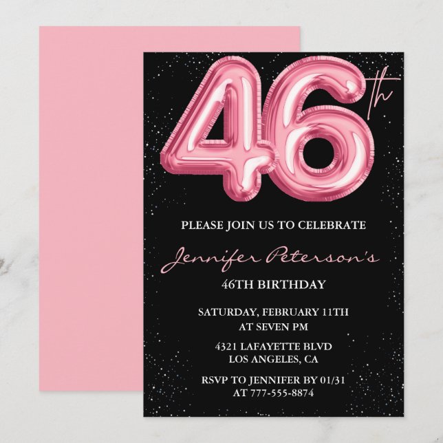Convites de aniversário de 46 anos Black Pink Balã (Frente/Verso)