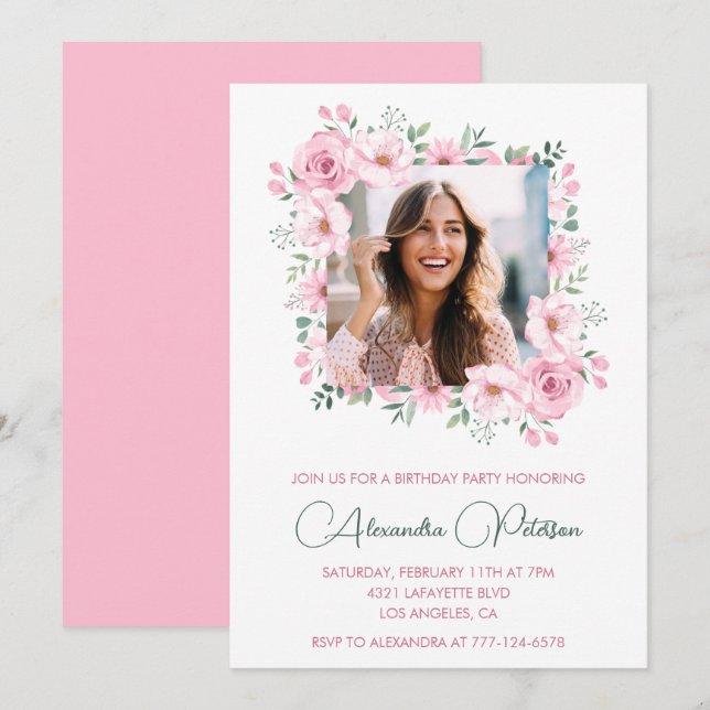 Convites de aniversário de 46 anos com foto floral (Frente/Verso)