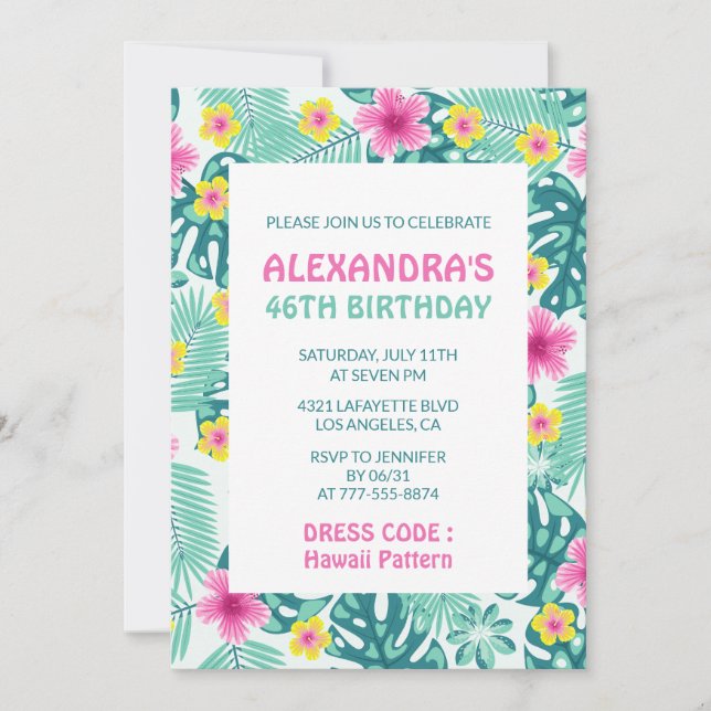 convites de aniversário de 46 anos Hibiscus Havaí  (Frente)