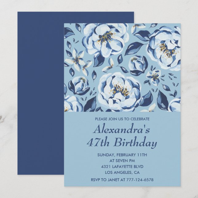 Convites de aniversário de 47 anos elegantes Flora (Frente/Verso)