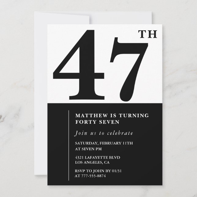 convites de aniversário de 47 anos Preto e Branco  (Frente)
