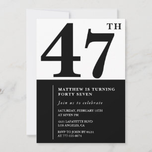 convites de aniversário de 47 anos Preto e Branco 