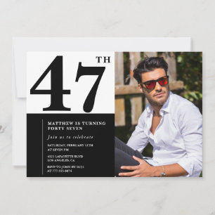 Convites de Aniversário de 47 Anos Preto e Branco 