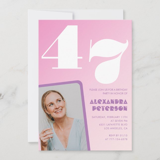 Convites de aniversário de 47 anos rosa Foto retrô (Frente)
