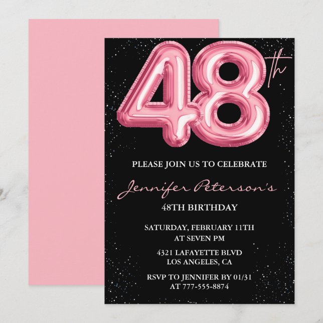 Convites de aniversário de 48 anos Black Pink Balã (Frente/Verso)