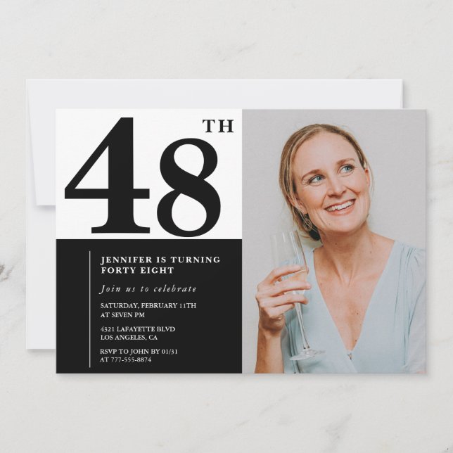Convites de Aniversário de 48 Anos com Foto Preto  (Frente)