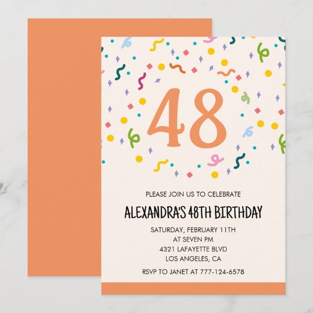 Convites de aniversário de 48 anos Confete Simples (Frente/Verso)