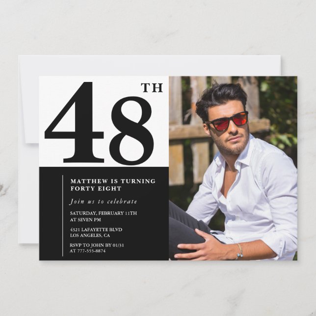 Convites de Aniversário de 48 anos Preto e Branco  (Frente)