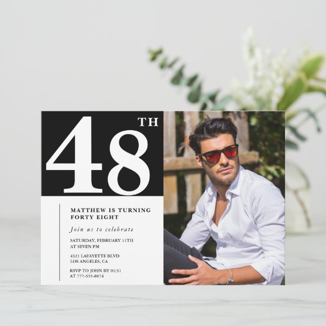 Convites de aniversário de 48 anos Preto e Branco  (Em pé/Frente)