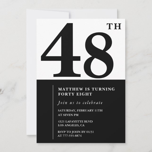 convites de aniversário de 48 anos Preto e Branco  (Frente)