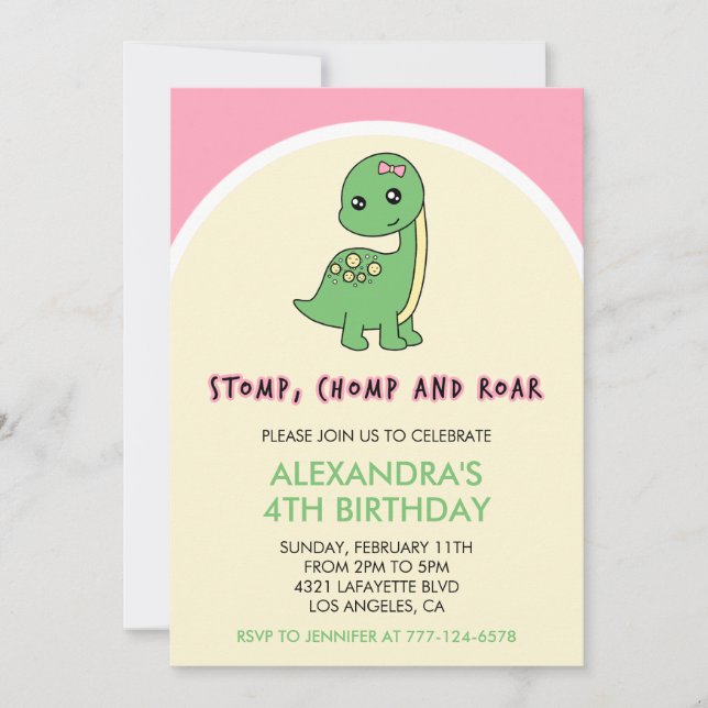 Convites de aniversário de 4 anos da menina dinoss (Frente)