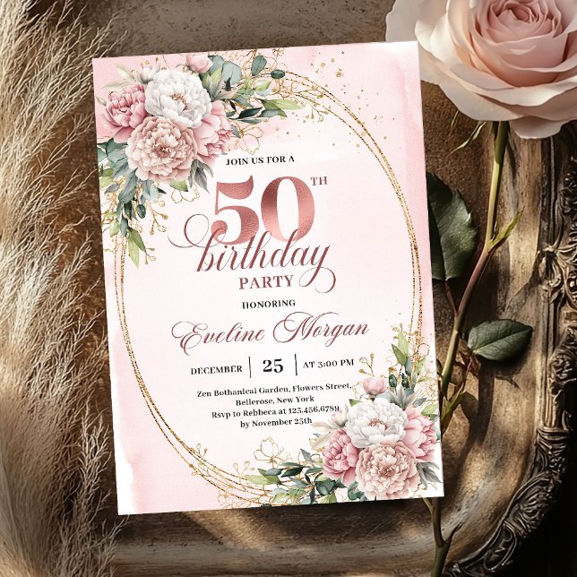 Convites de Aniversário de 50 anos Chic Botanical  (Chic Botanical Blush 50th Birthday Party Invitation)