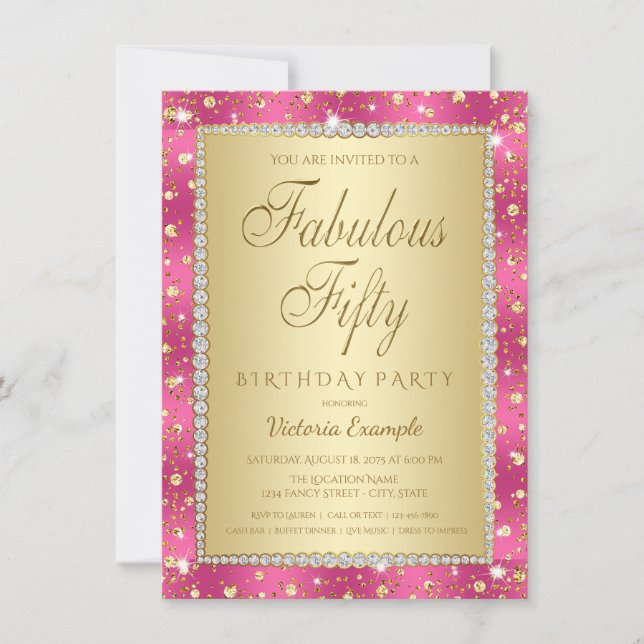 Convites de Aniversário de 50 anos Magenta Dourado (Frente)