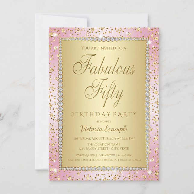 Convites de Aniversário de 50 anos Rosa e Dourado (Frente)