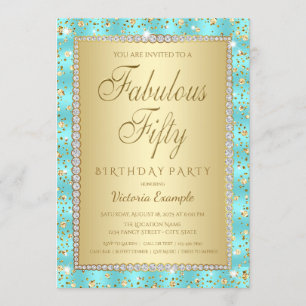Convites de Aniversário de 50 anos Teal Blue Gold