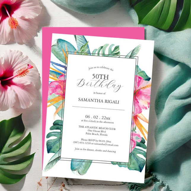 Convites de Aniversário de 50 Anos Tropicais (50th birthday invitations luau tropical floral watercolor art Victoria Grigaliunas Do Tell A Belle)