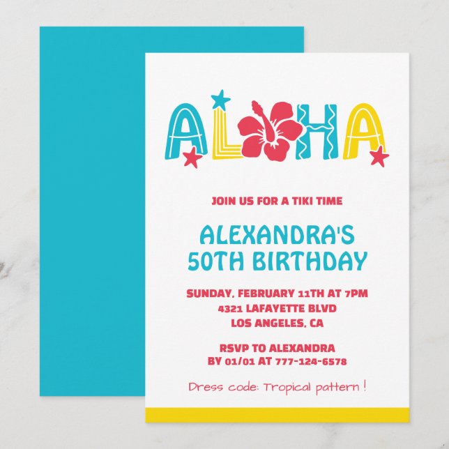 convites de aniversário de 50 anos Tropical Aloha  (Frente/Verso)