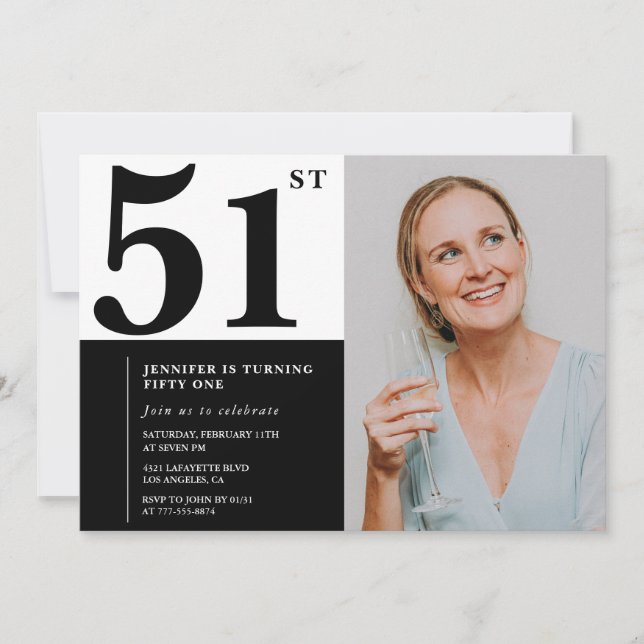 Convites de Aniversário de 51 anos com Foto Preto  (Frente)