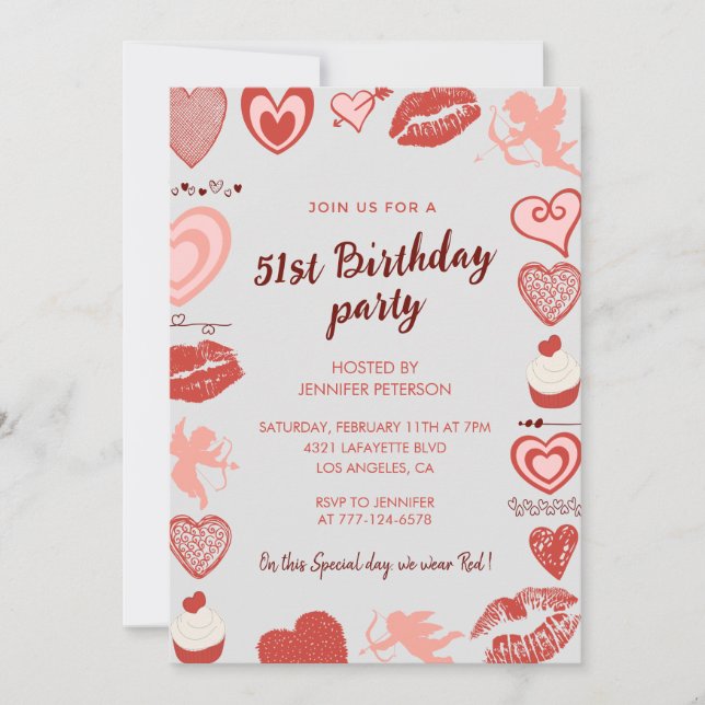 Convites de aniversário de 51 anos Elegantes Coraç (Frente)