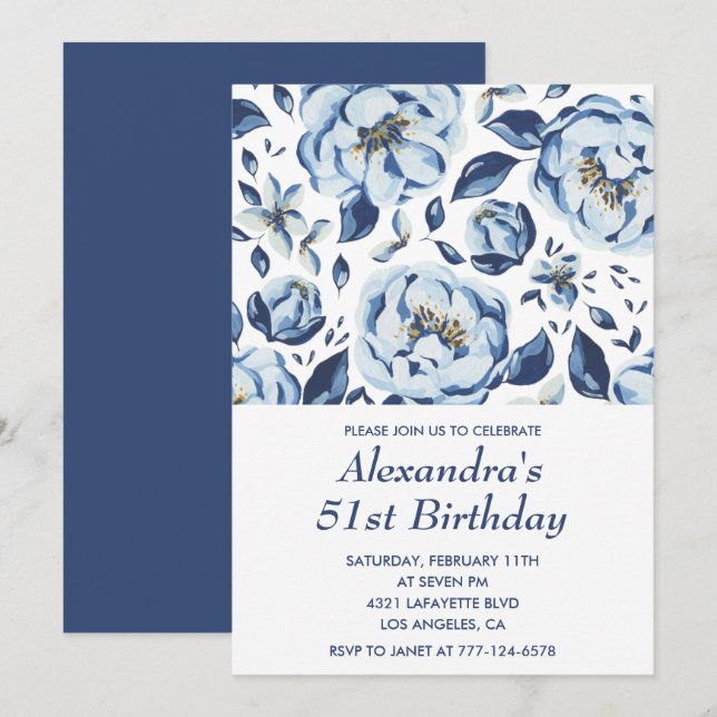 Convites de aniversário de 51 anos elegantes Flora (Frente/Verso)