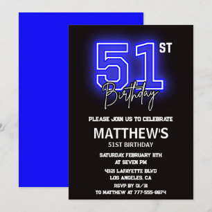 Convites de aniversário de 51 anos Neon Preto Home