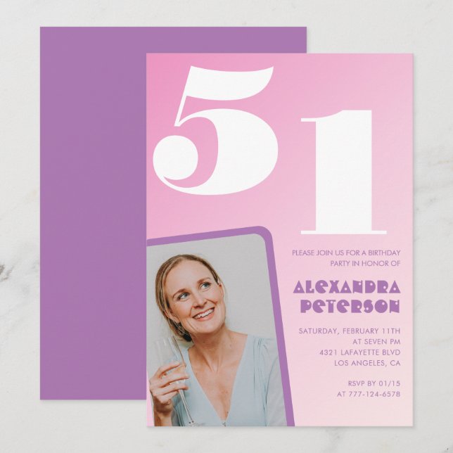 Convites de aniversário de 51 anos Pink Groovy Ret (Frente/Verso)