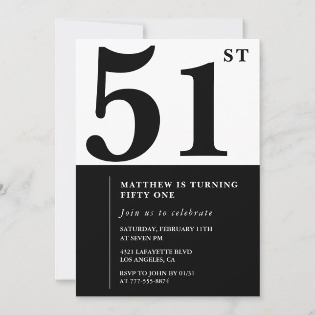 convites de aniversário de 51 anos Preto e Branco  (Frente)