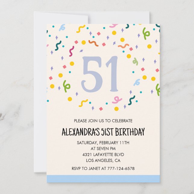 Convites de aniversário de 51 anos simples Confett (Frente)