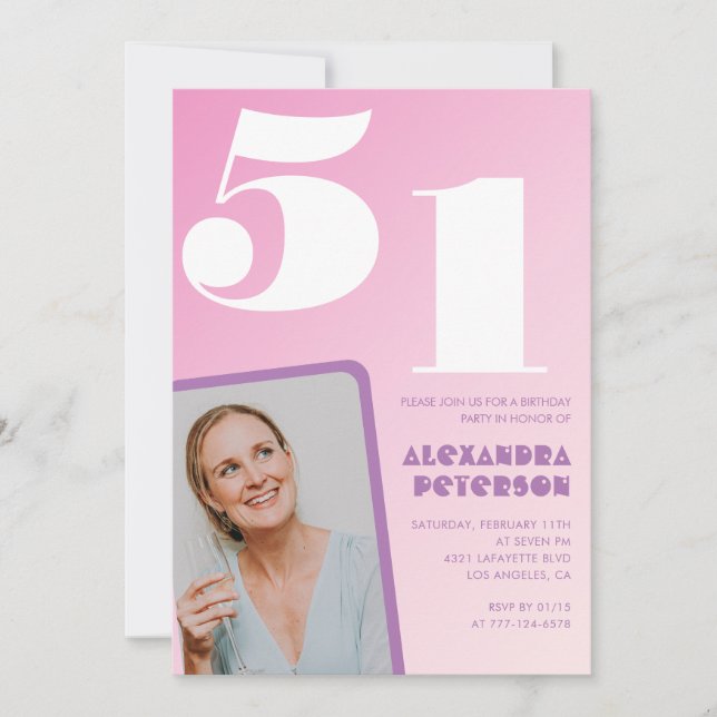 Convites de aniversário de 51 ruas cor-de-rosa Fot (Frente)