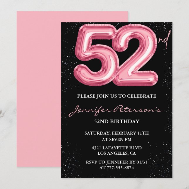 Convites de aniversário de 52 anos Black Pink Balã (Frente/Verso)