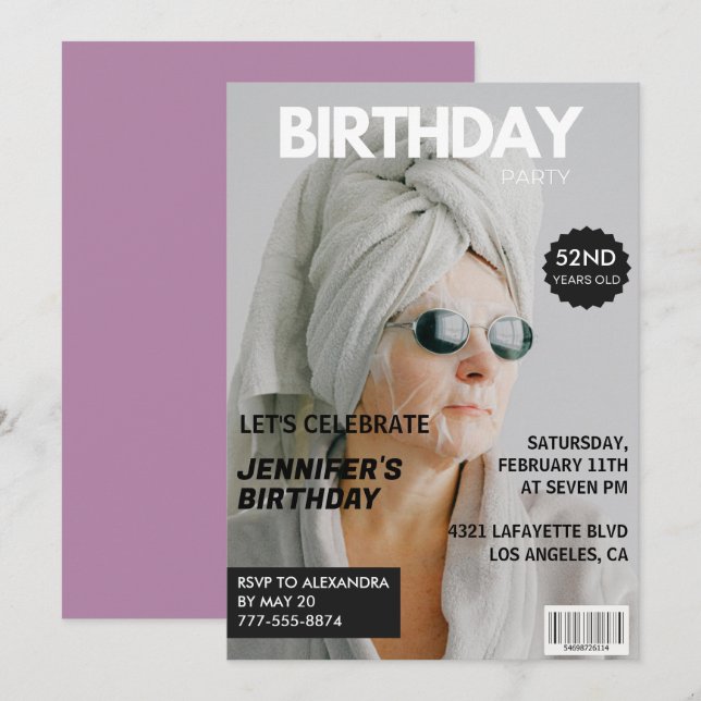 Convites de aniversário de 52 anos com foto elegan (Frente/Verso)