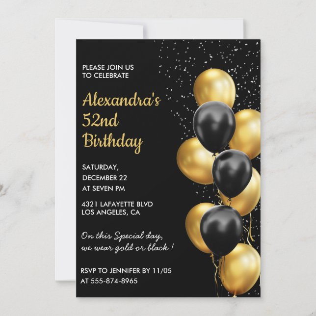 Convites de aniversário de 52 anos preto Dourado B (Frente)