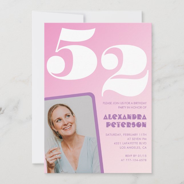 Convites de aniversário de 52 anos rosa Foto retrô (Frente)