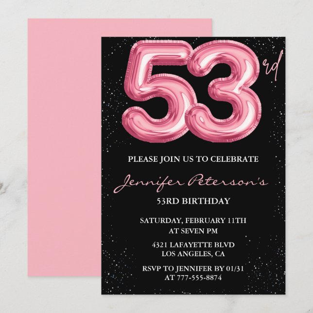Convites de aniversário de 53 anos Black Pink Balã (Frente/Verso)