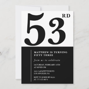 convites de aniversário de 53 anos Preto e Branco