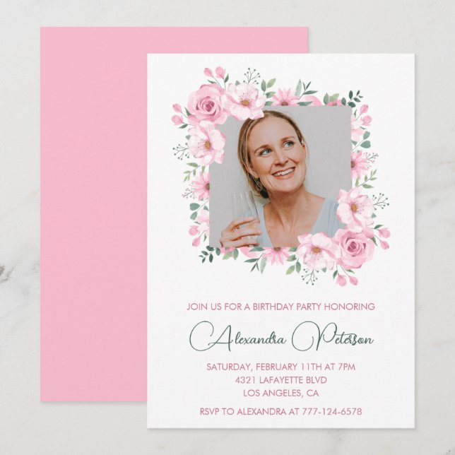 Convites de aniversário de 54 anos com foto floral (Frente/Verso)