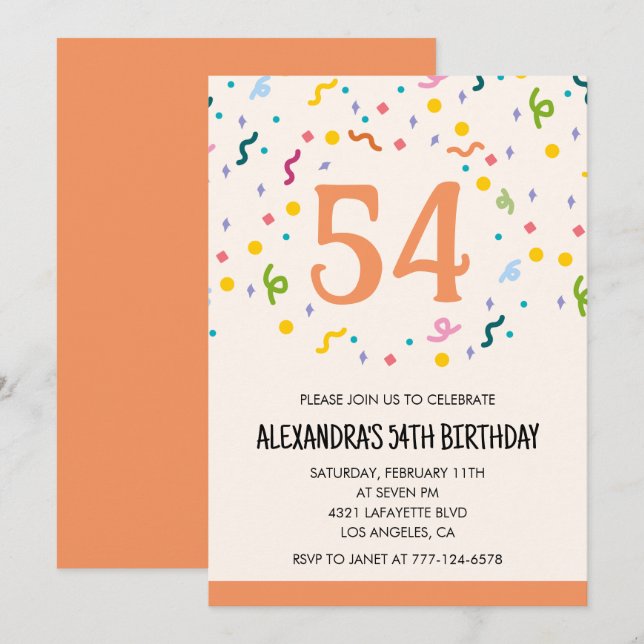 Convites de aniversário de 54 anos Simple Confetti (Frente/Verso)
