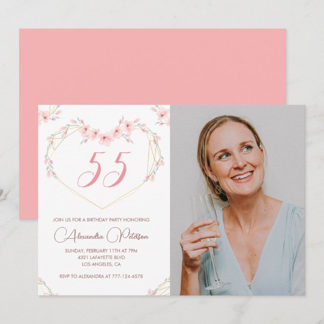 convites de aniversário de 55 anos Boho Floral Fot (Frente/Verso)