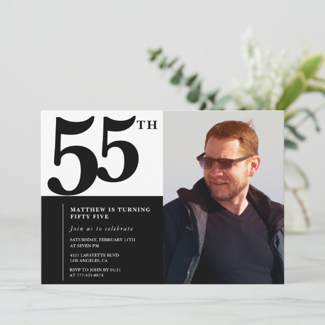 Convites de aniversário de 55 anos pretos Elegante (Em pé/Frente)