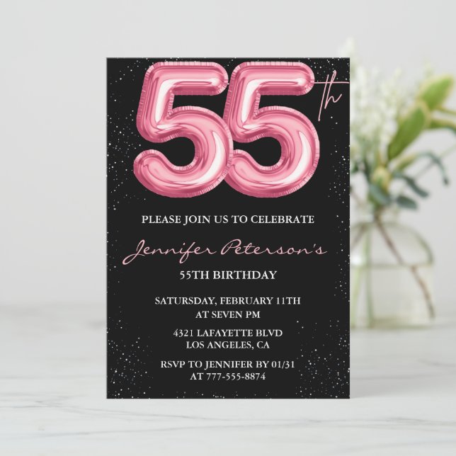 Convites de aniversário de 55 anos rosa Glamour Ba (Em pé/Frente)