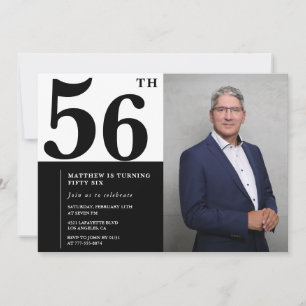 Convites de Aniversário de 56 Anos Preto e Branco 