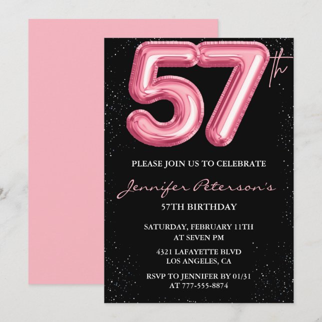 Convites de aniversário de 57 anos Black Pink Balã (Frente/Verso)